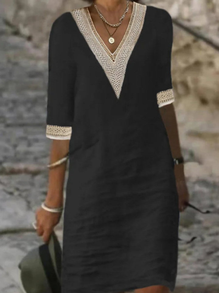 Women's Casual Dress Linen Blend V-Neck Lace Trim