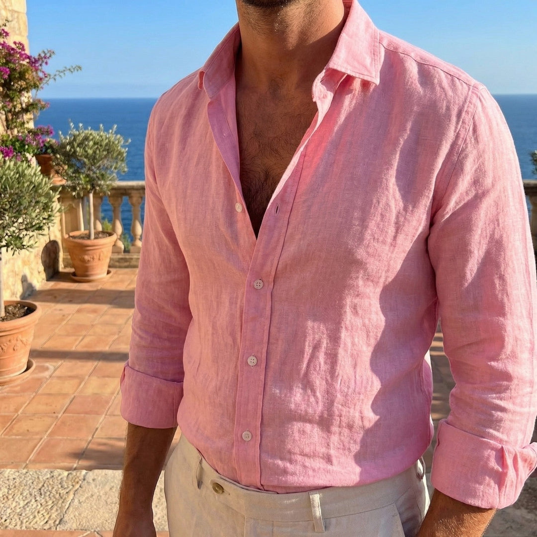 Men's Long-Sleeved Linen Shirt with Button Placket