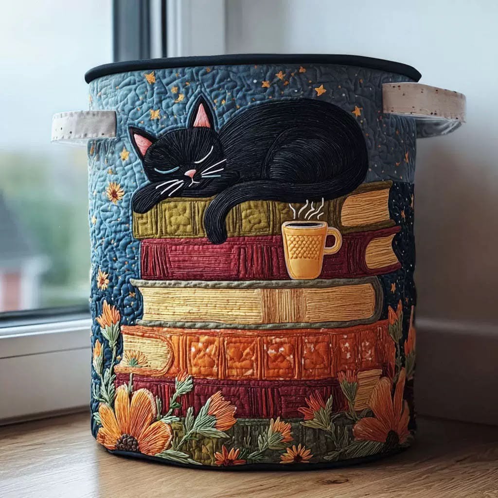 Quilted cat library laundry basket with handles, foldable laundry basket in 3 sizes