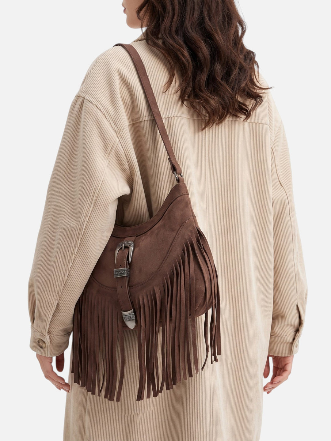 Women's Faux Suede Fringe Shoulder Bag with Buckle
