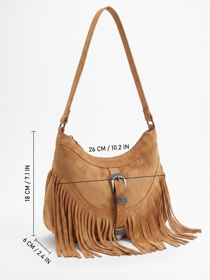 Women's Faux Suede Fringe Shoulder Bag with Buckle