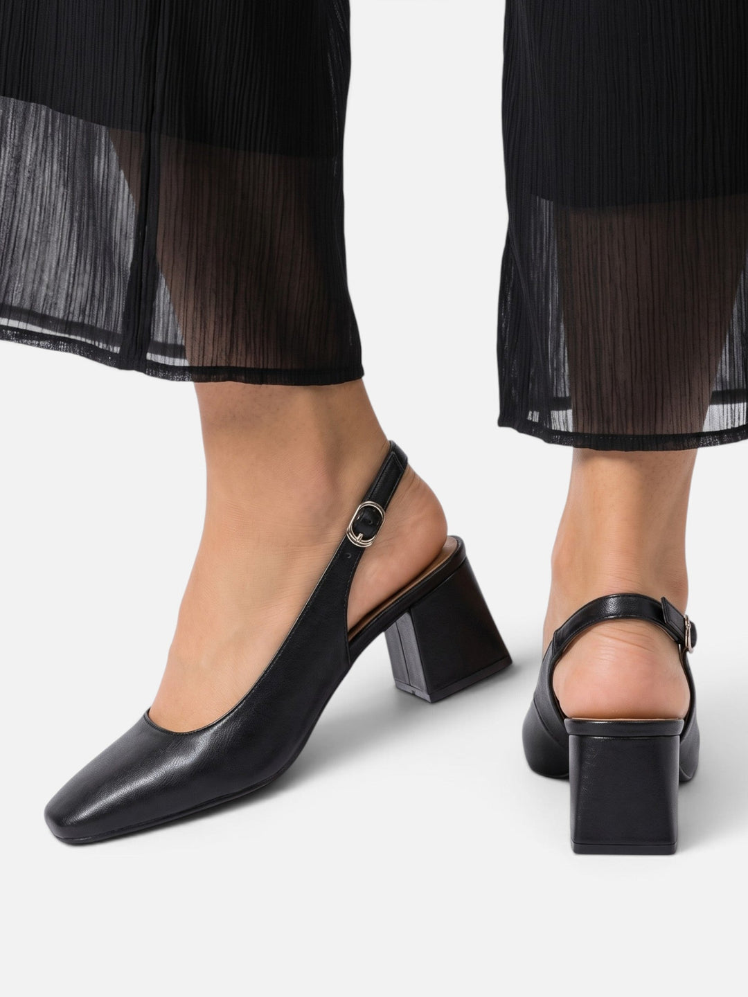 Women's Leather Square-Toe Slingback Court Shoes with Block Heel