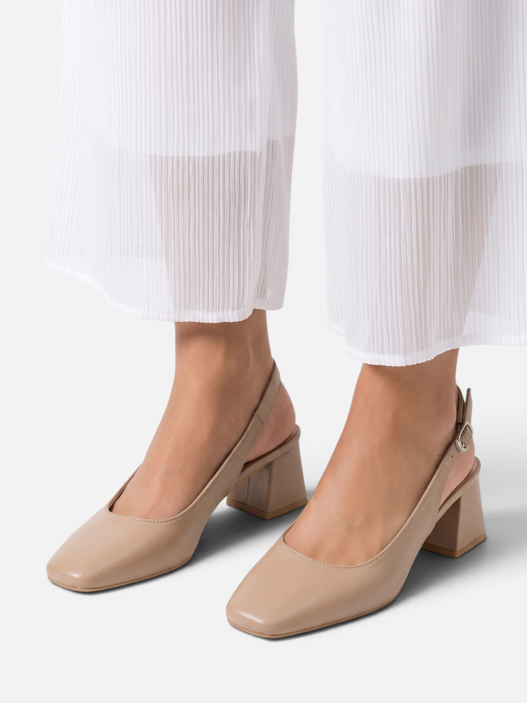 Women's Leather Square-Toe Slingback Court Shoes with Block Heel