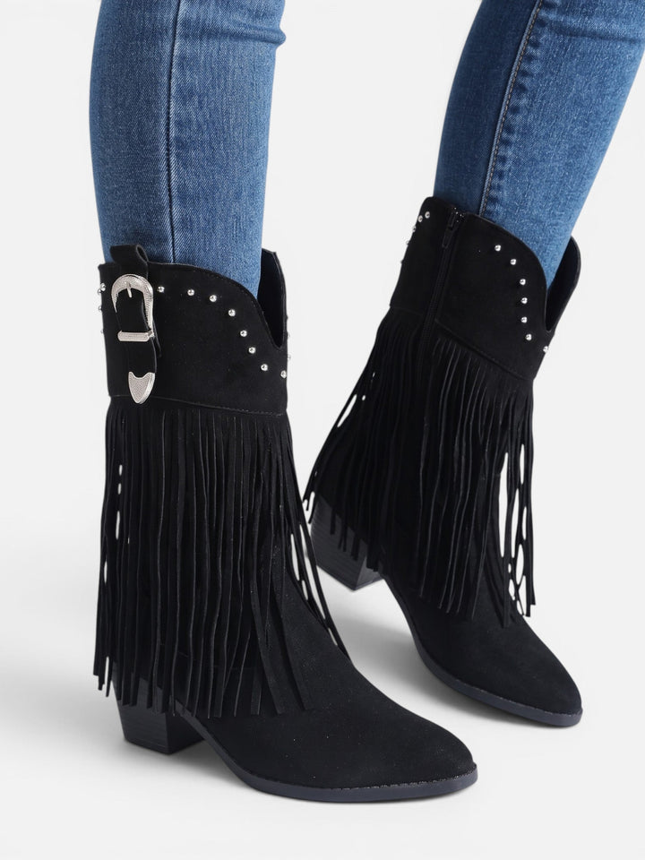 Women's Faux Suede Studded Fringe Cowboy Boots