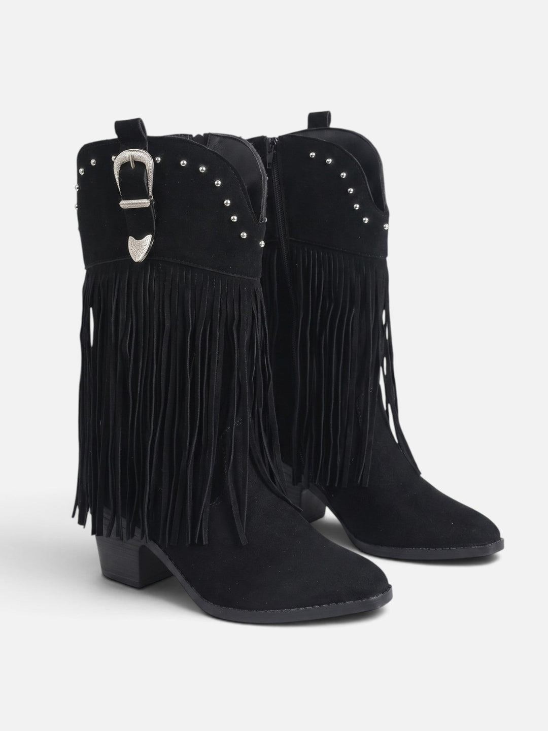 Women's Faux Suede Studded Fringe Cowboy Boots