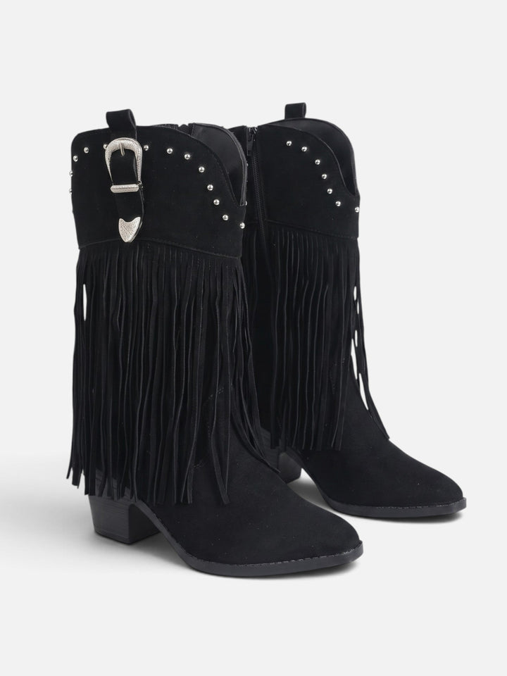Women's Faux Suede Studded Fringe Cowboy Boots