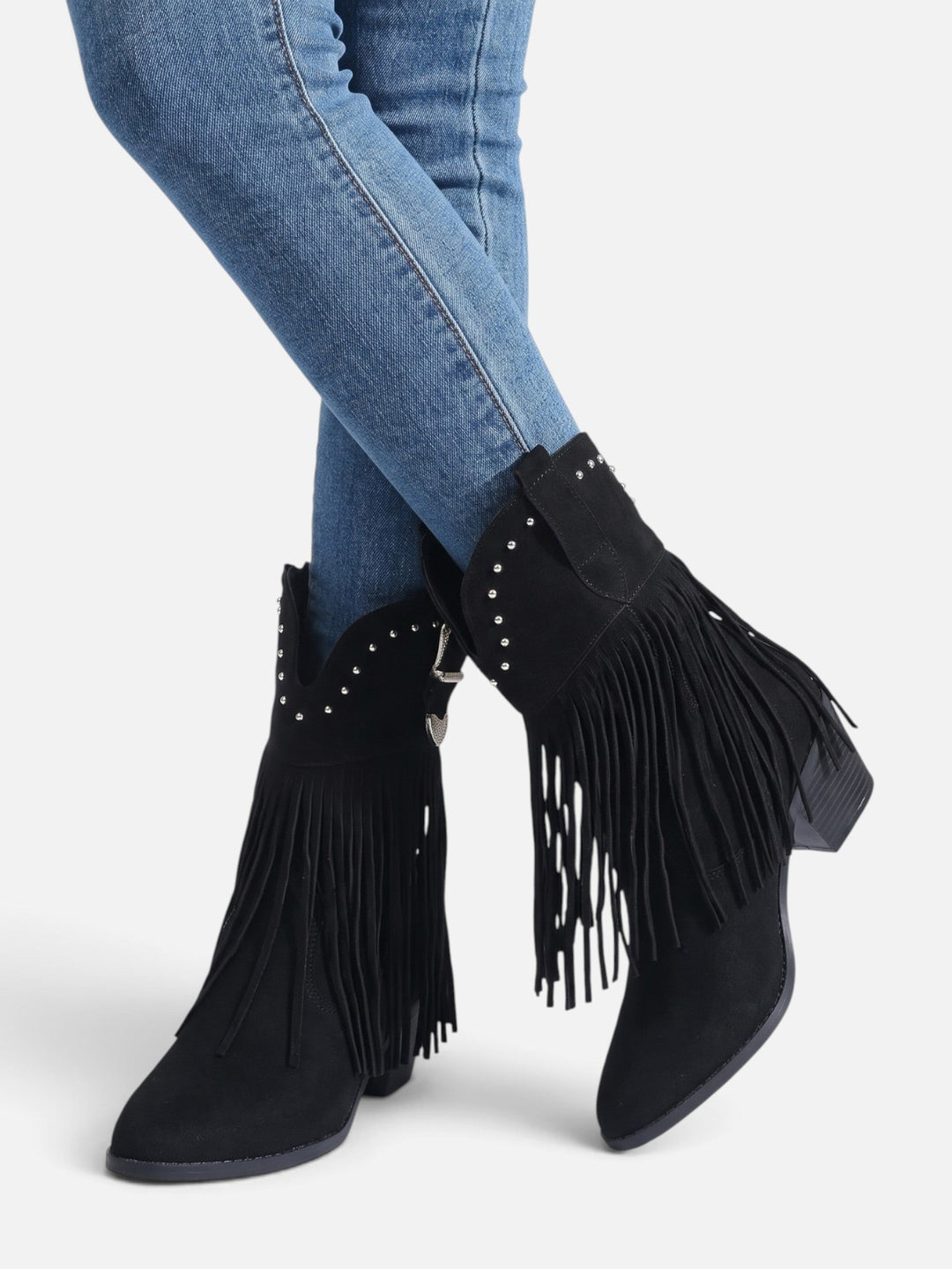 Women's Faux Suede Studded Fringe Cowboy Boots