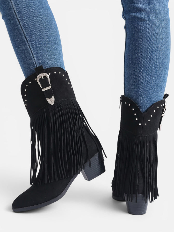 Women's Faux Suede Studded Fringe Cowboy Boots