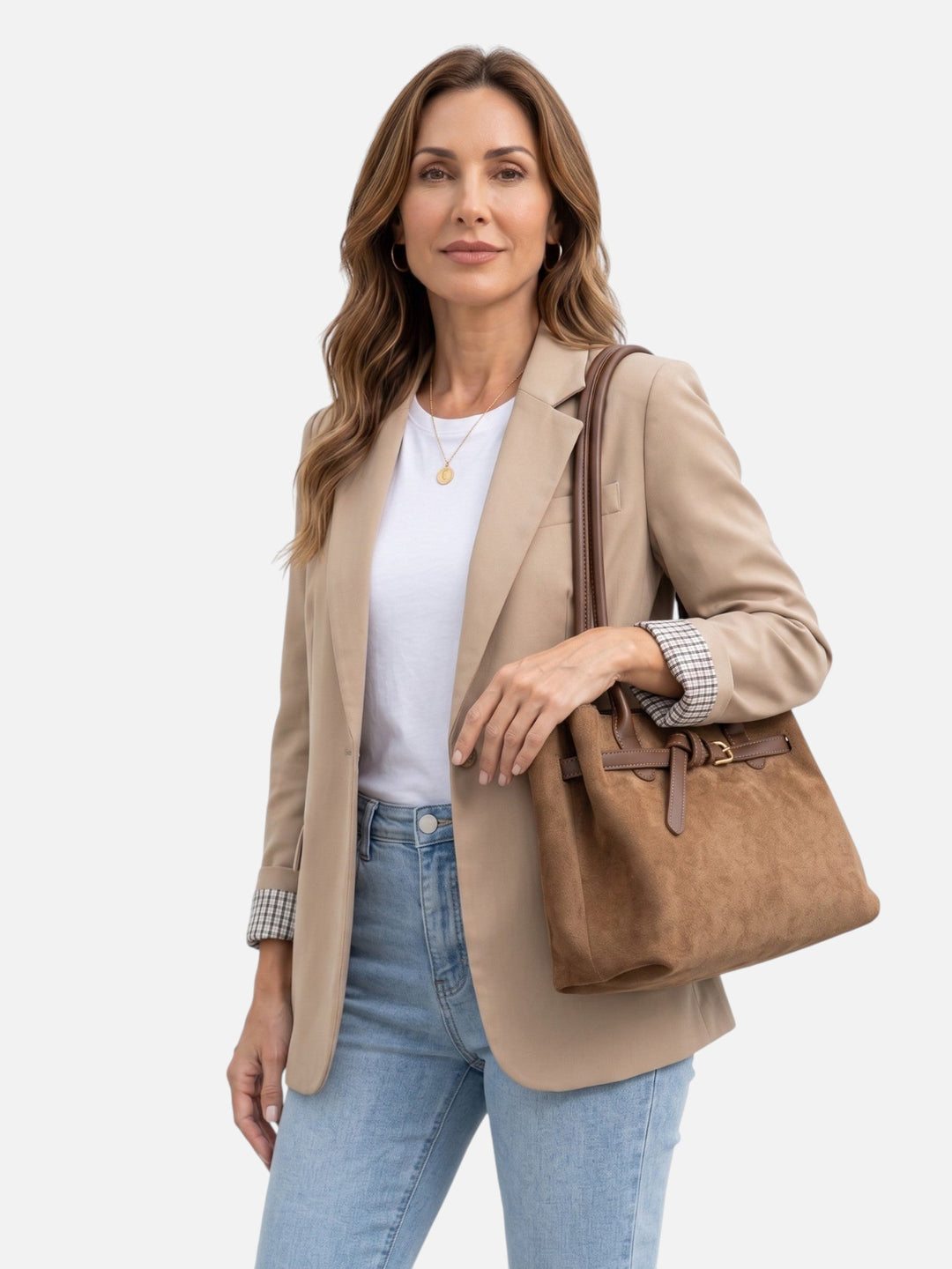 Women's Suede Tote Bag with Handles and Buckle