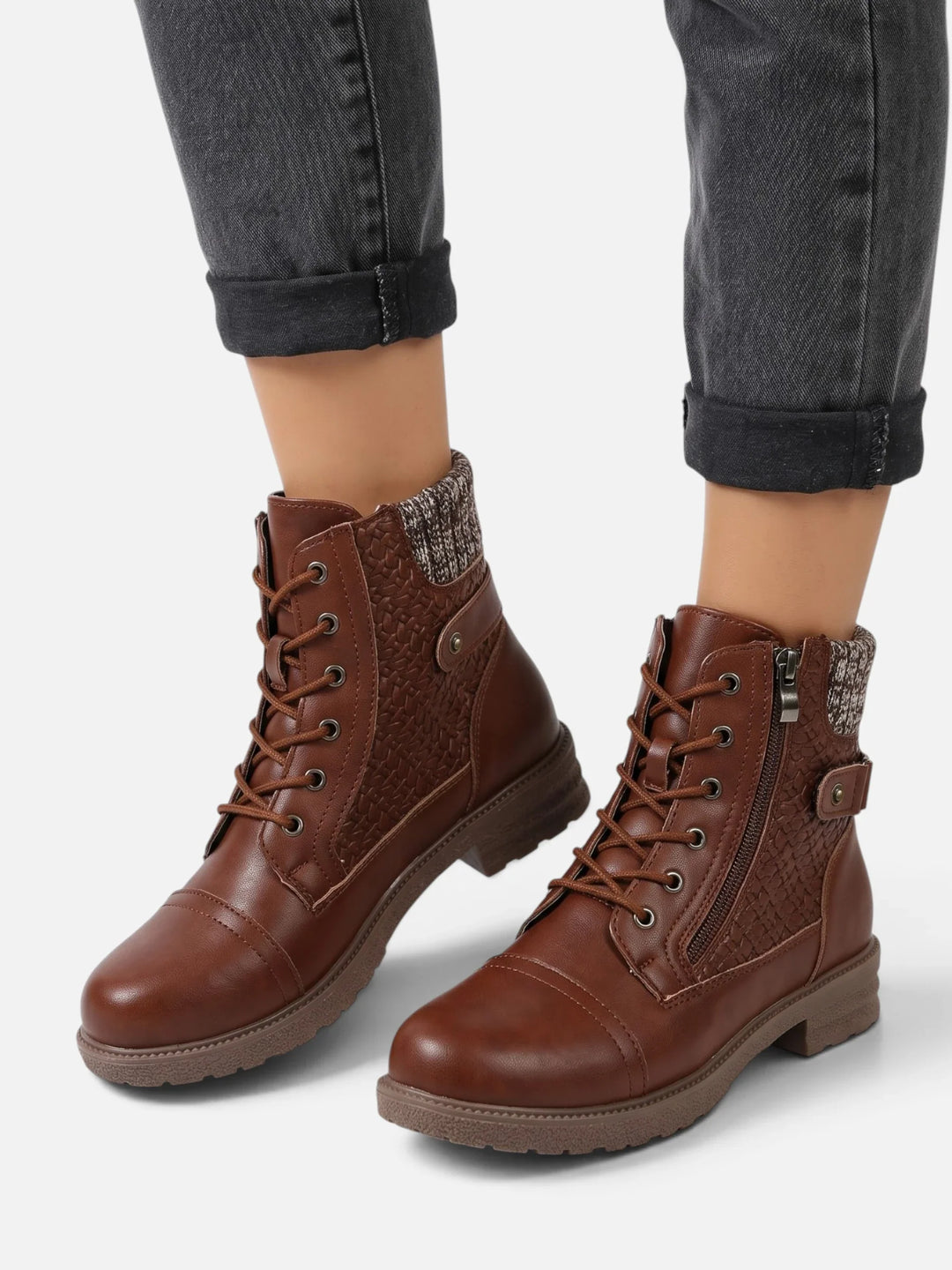 Women's Leather Combat Ankle Boots with Knit Panel