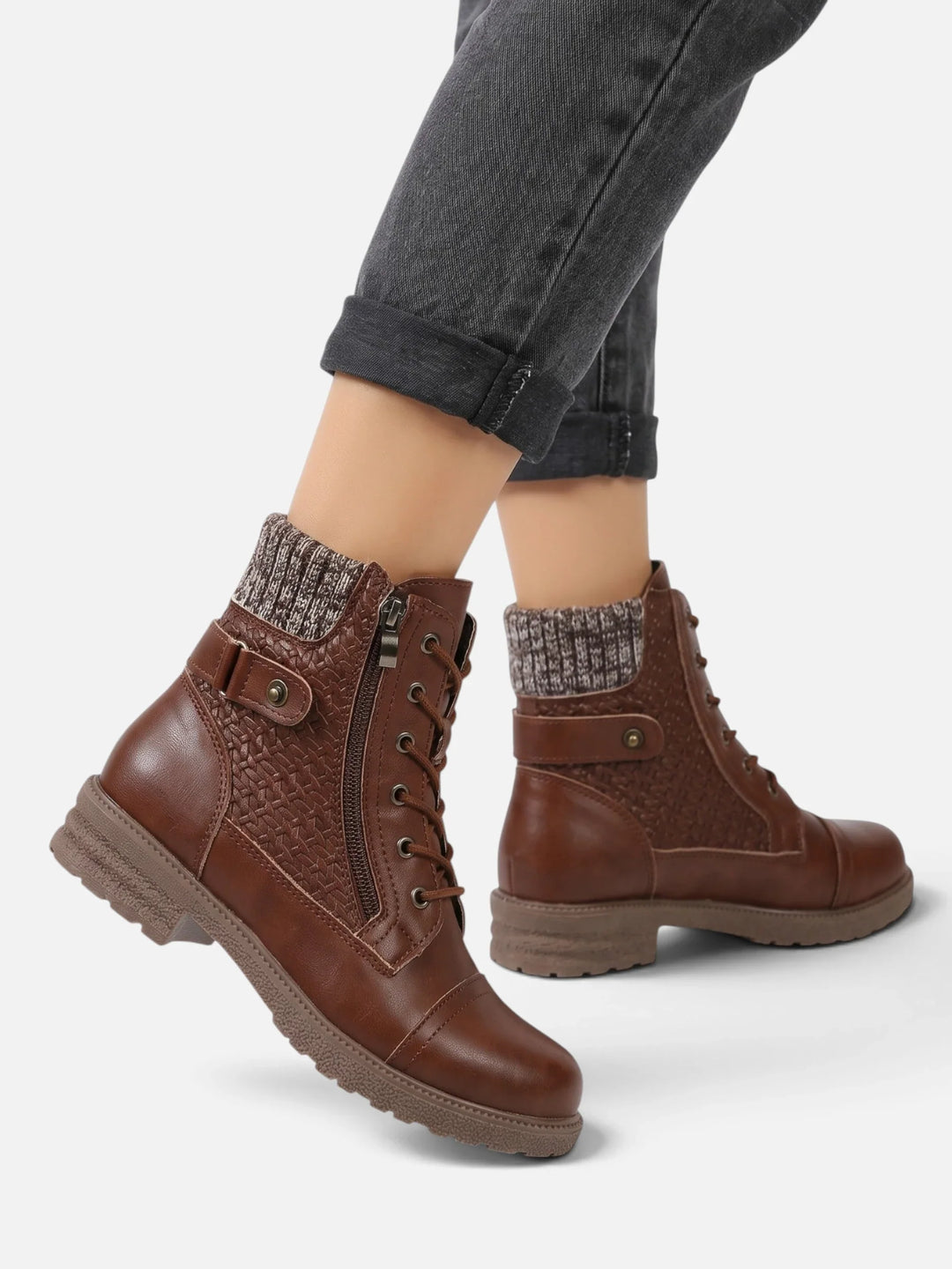 Women's Leather Combat Ankle Boots with Knit Panel