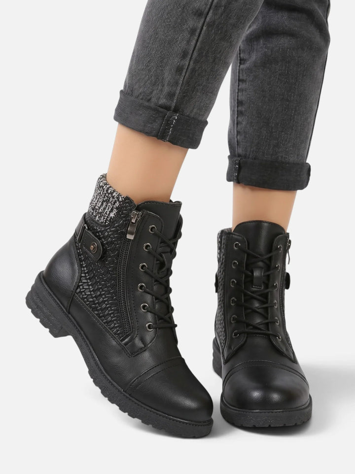 Women's Leather Combat Ankle Boots with Knit Panel