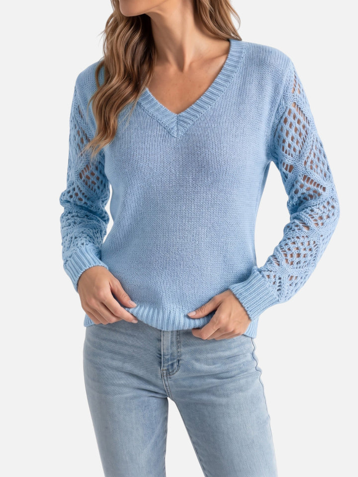 Women's V-Neck Jumper with Crochet-Style Knit