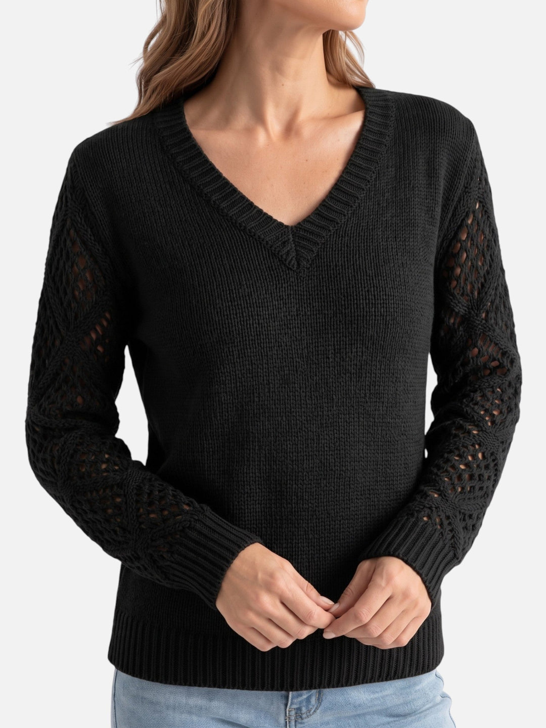 Women's V-Neck Jumper with Crochet-Style Knit