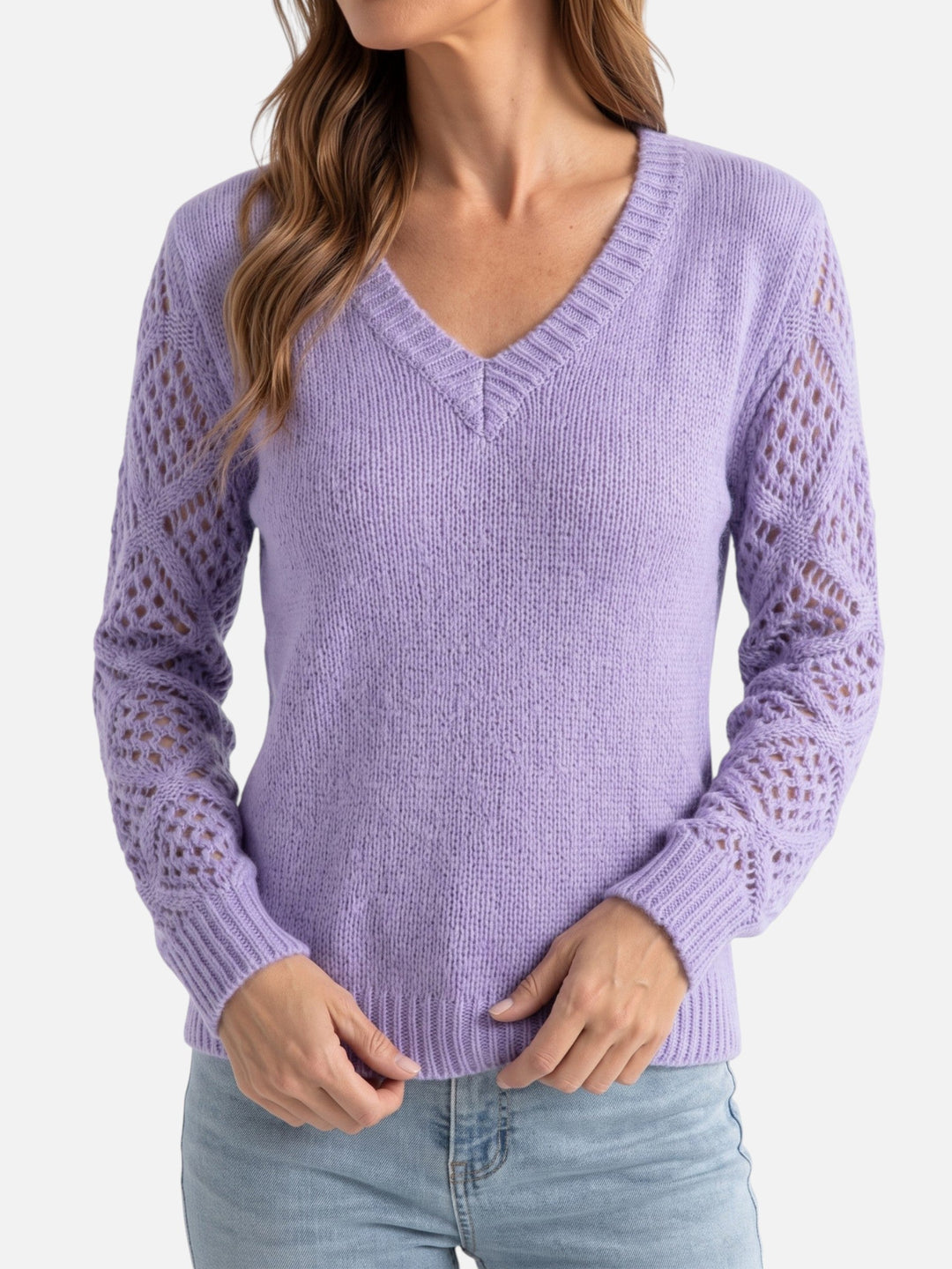 Women's V-Neck Jumper with Crochet-Style Knit