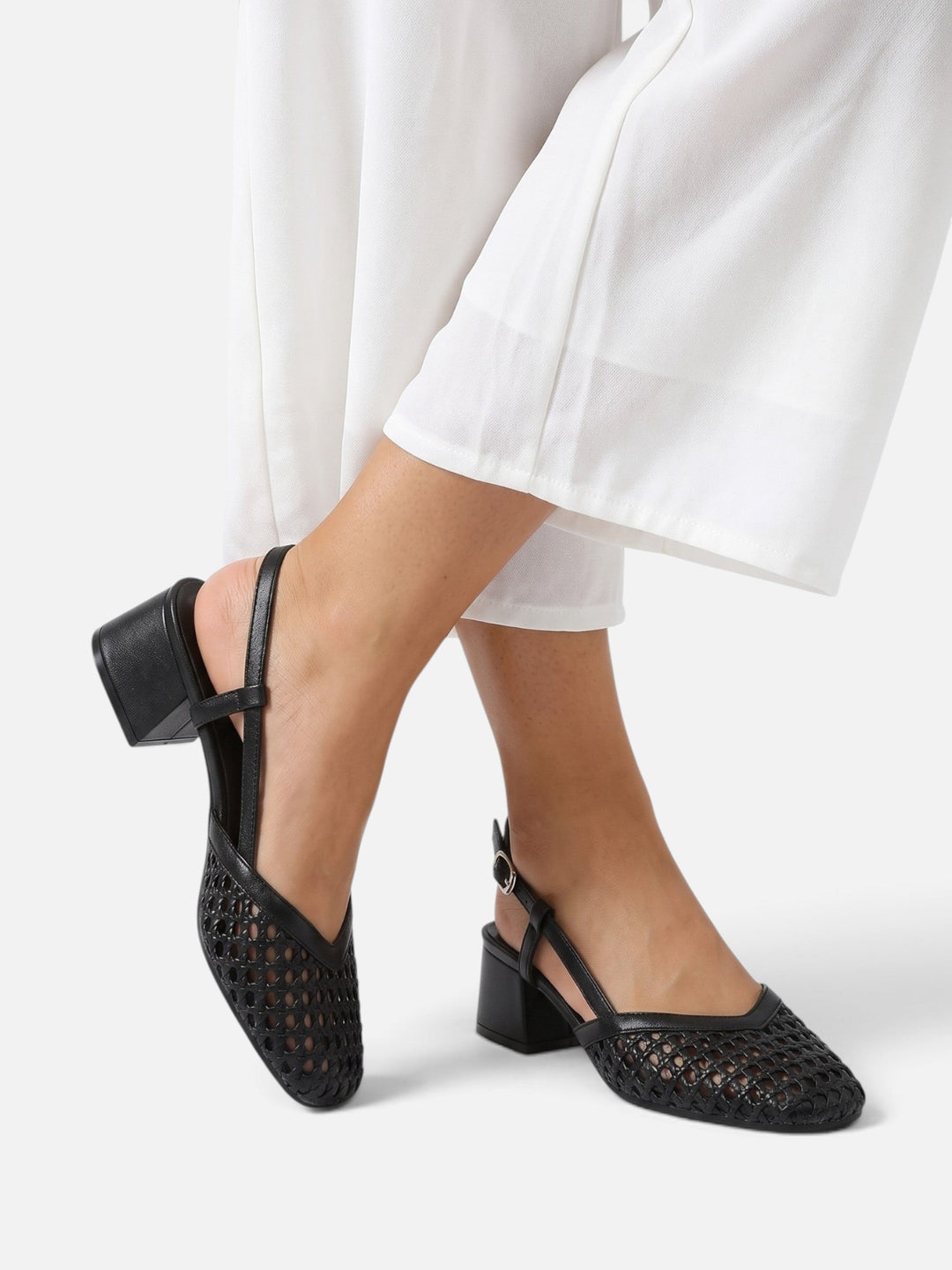 Women's Woven Slingback Court Shoes with Block Heel