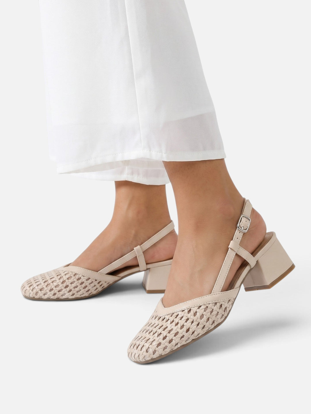 Women's Woven Slingback Court Shoes with Block Heel