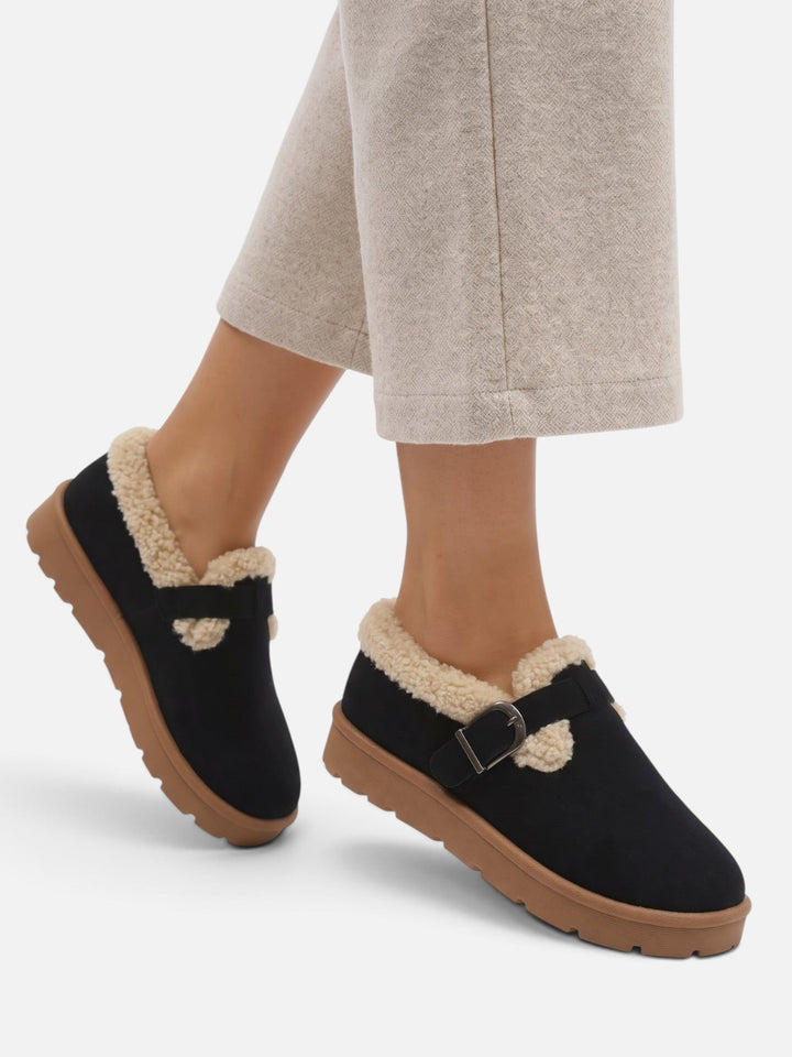Women's Faux Suede Sherpa Clogs with Buckle