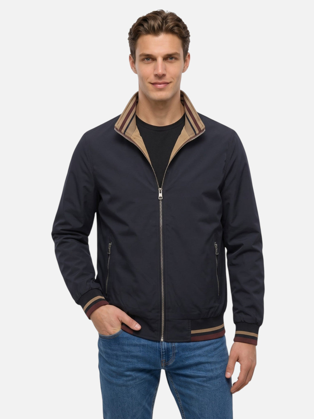 Men's Zip-Up Harrington Jacket with Stripes