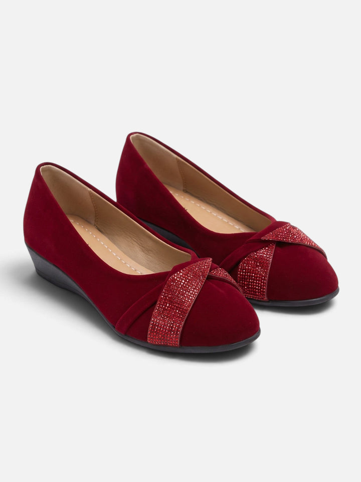 Women's Faux Suede Ballet Flats with Rhinestone Bow
