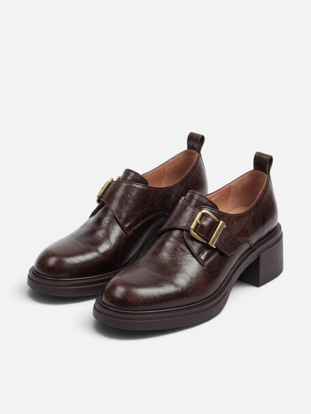 Women's Leather Buckle Loafers with Block Heel