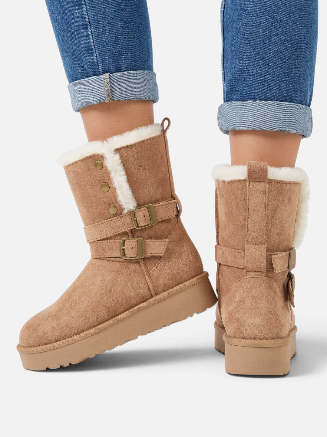 Women's Faux Suede Ankle Boots with Faux Fur and Buckles