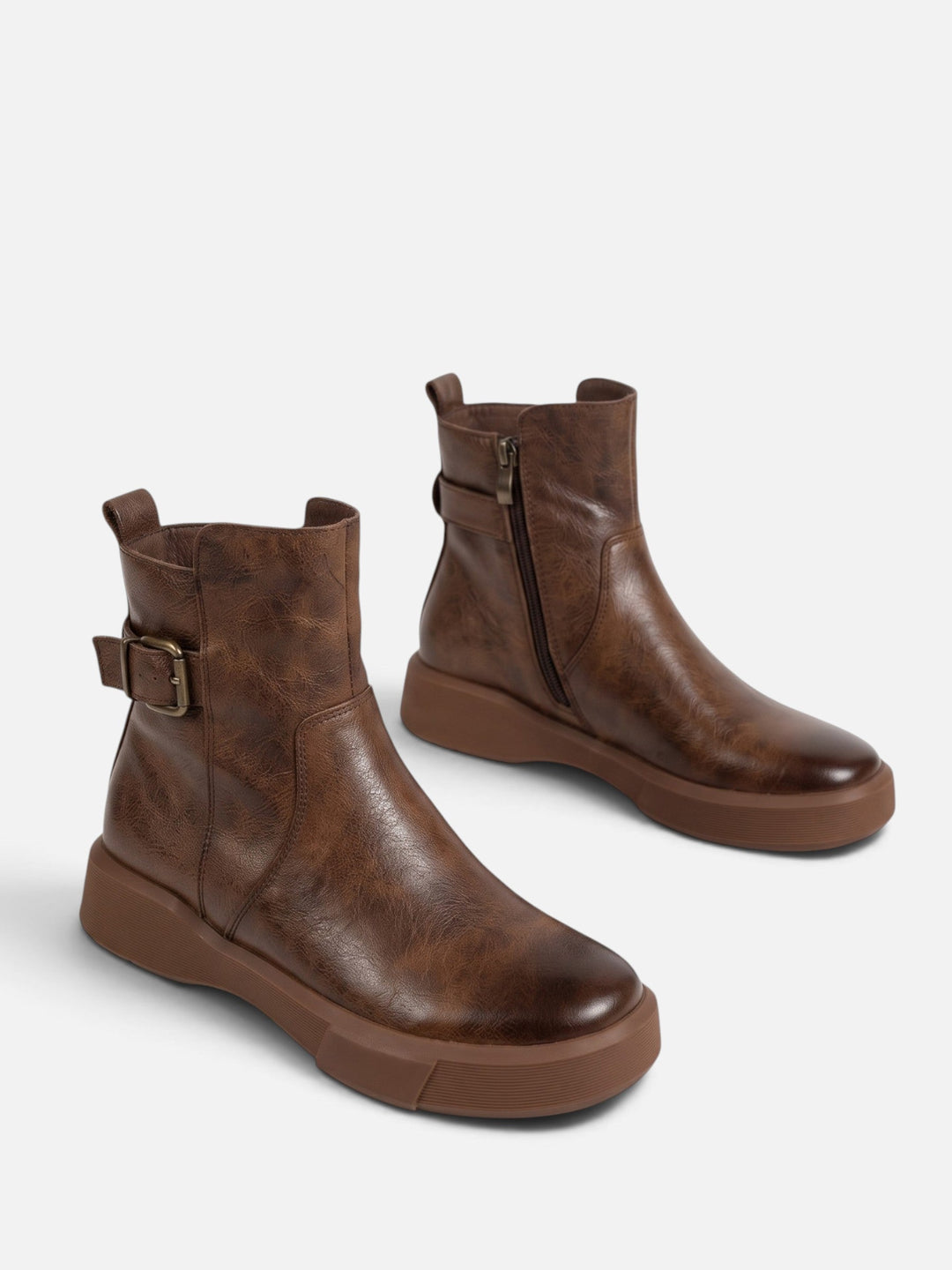Women's Leather Buckle Ankle Boots with Chunky Sole