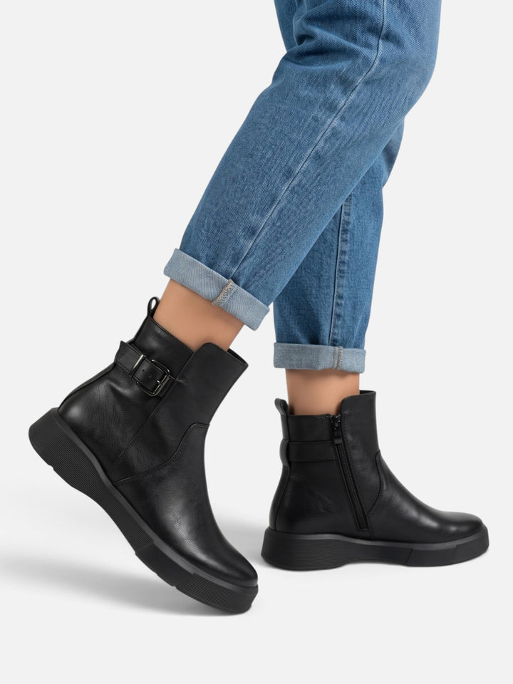 Women's Leather Buckle Ankle Boots with Chunky Sole