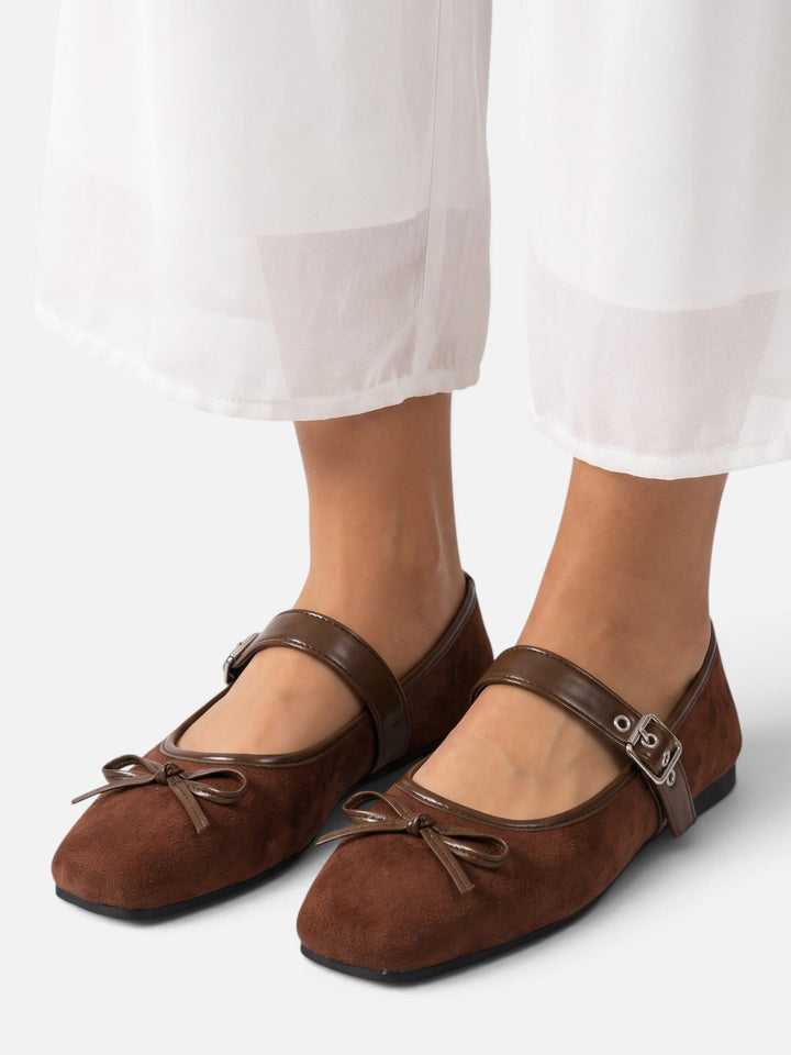 Women's Suede Mary Jane Ballet Flats with Bow and Buckle