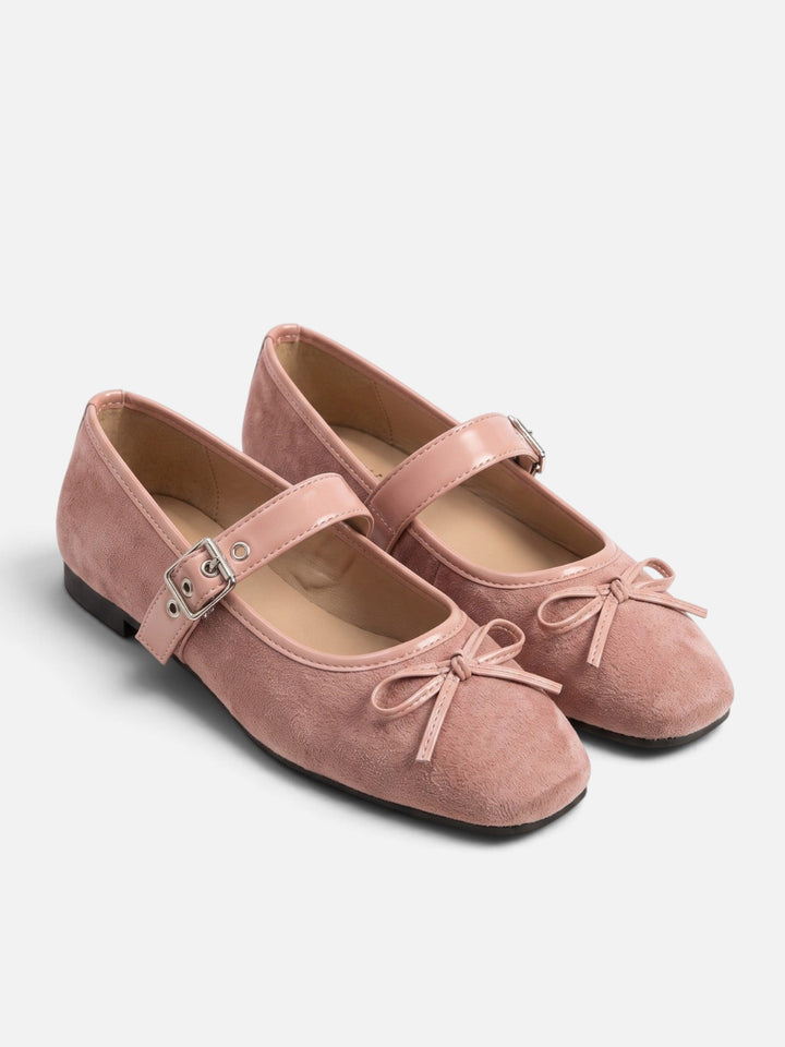 Women's Suede Mary Jane Ballet Flats with Bow and Buckle