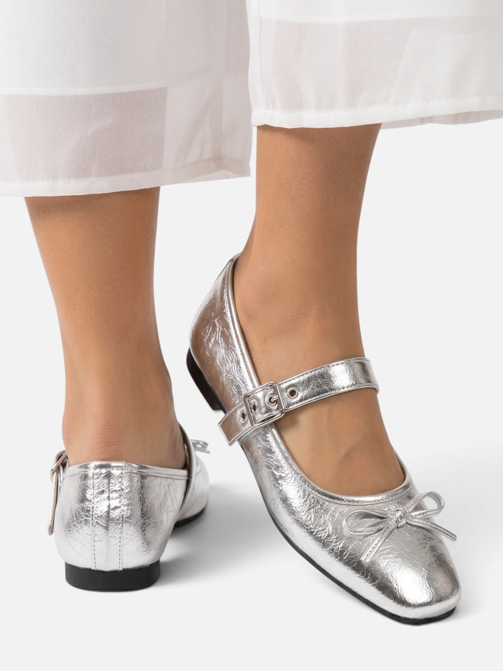 Women's Suede Mary Jane Ballet Flats with Bow and Buckle
