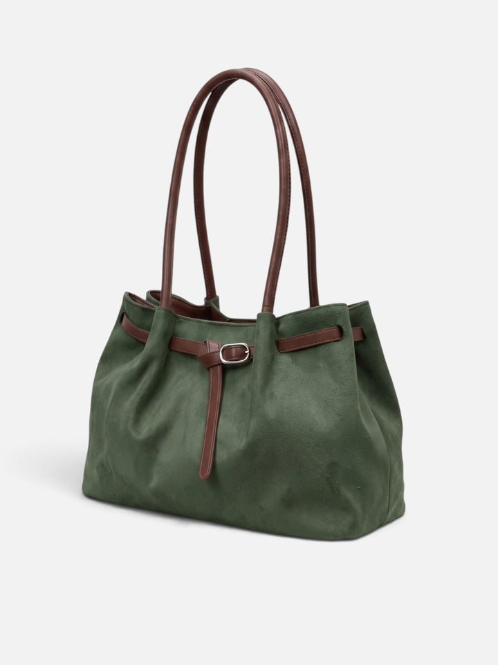 Women's Faux Suede Shoulder Tote Bag with Buckle Belt