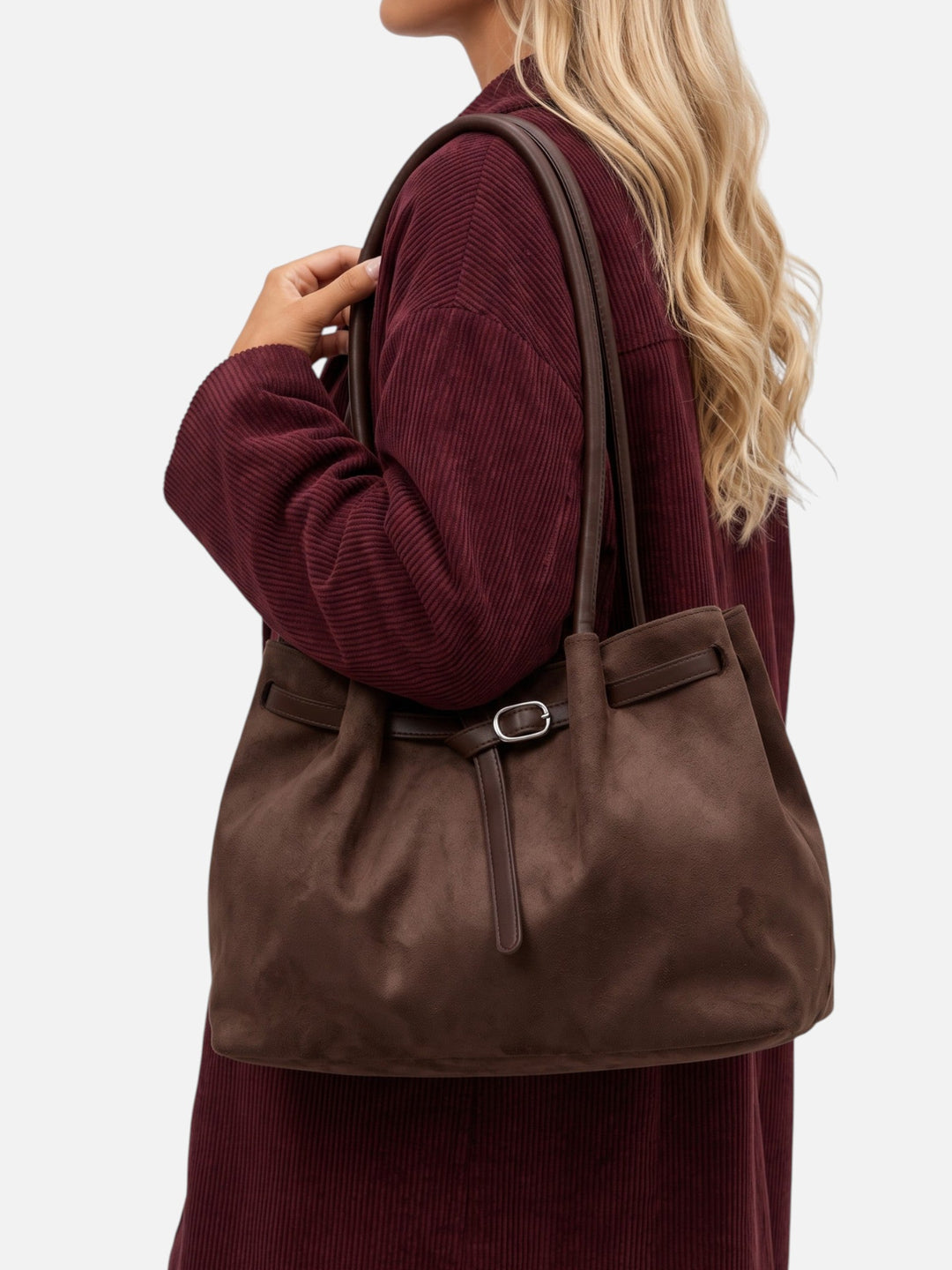 Women's Faux Suede Shoulder Tote Bag with Buckle Belt