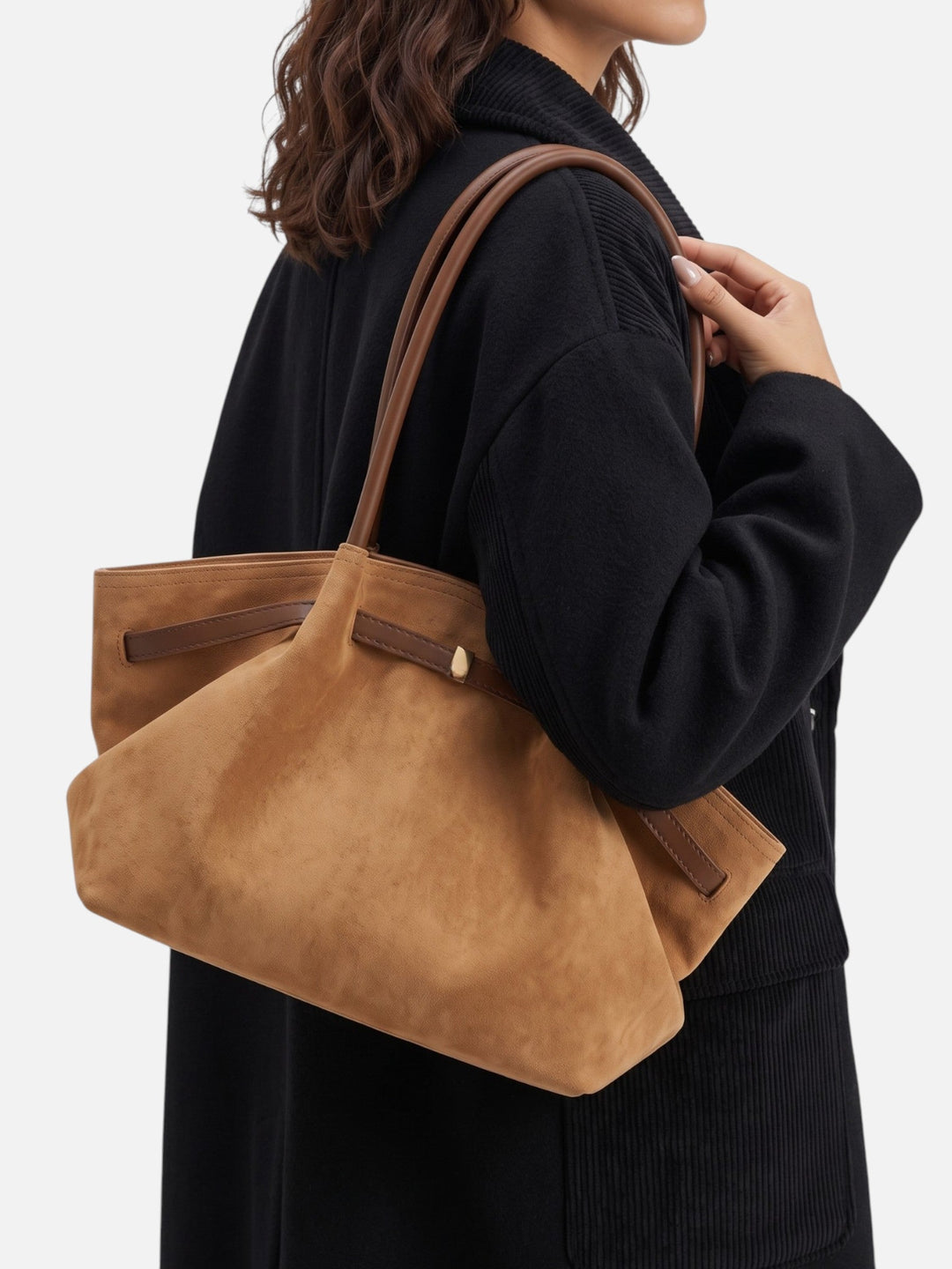 Women's Faux Suede Shoulder Tote Bag with Belt Detail