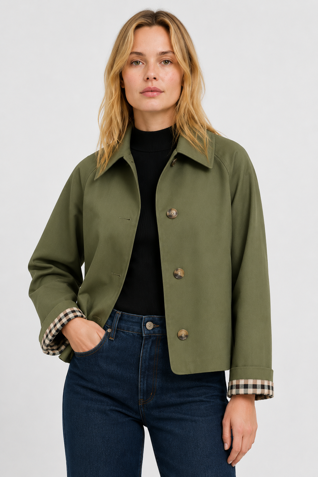 Lightweight Women's Jacket with Loose Fit and Gingham Lining
