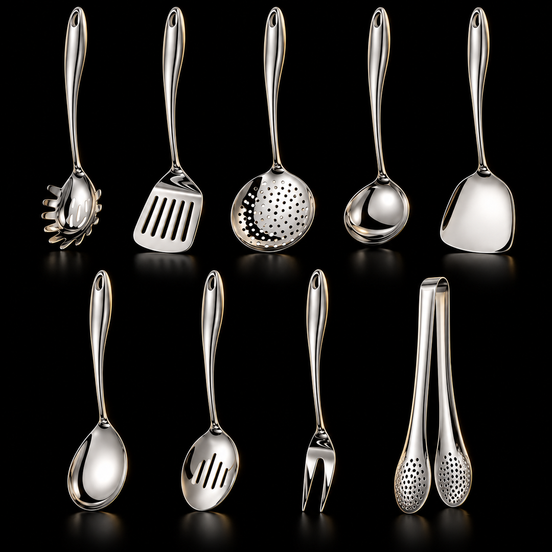 Stainless steel kitchen utensil set with curved handles, 3 to 11 pieces