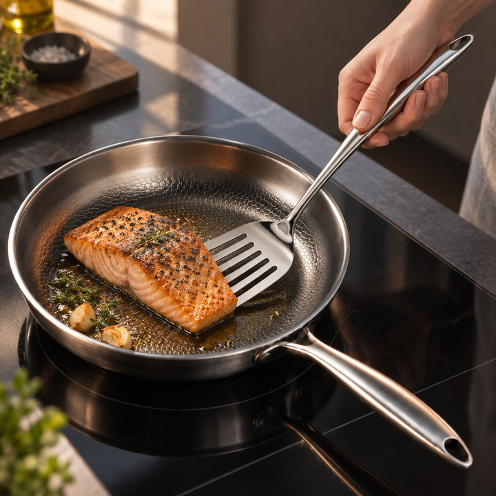 Stainless steel kitchen utensil set with curved handles, 3 to 11 pieces