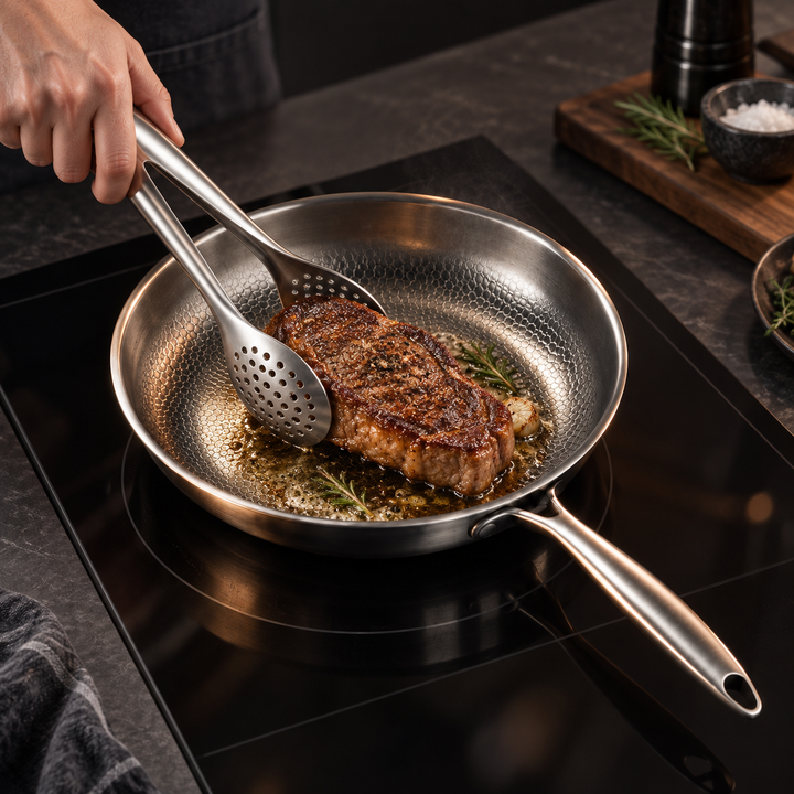 Stainless steel kitchen utensil set with curved handles, 3 to 11 pieces
