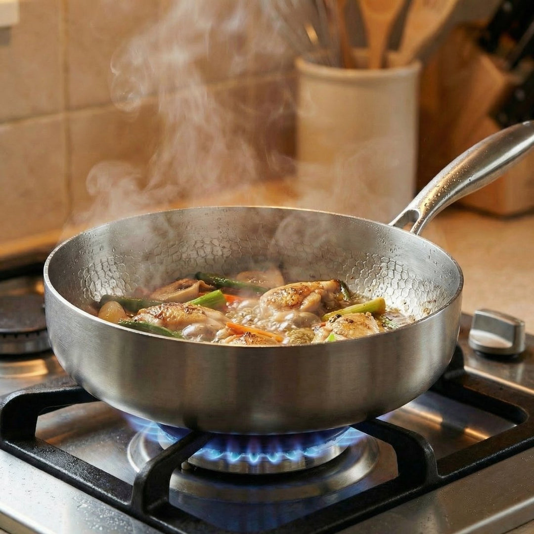 Hammered titanium frying pan with high sides