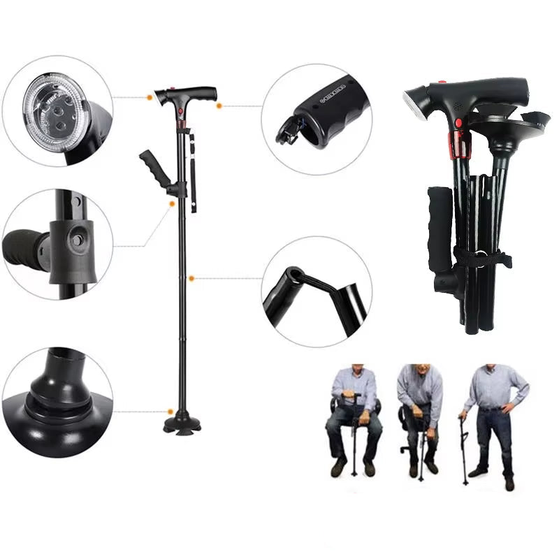 Foldable Walking Stick with LED Light - Safe and Compact
