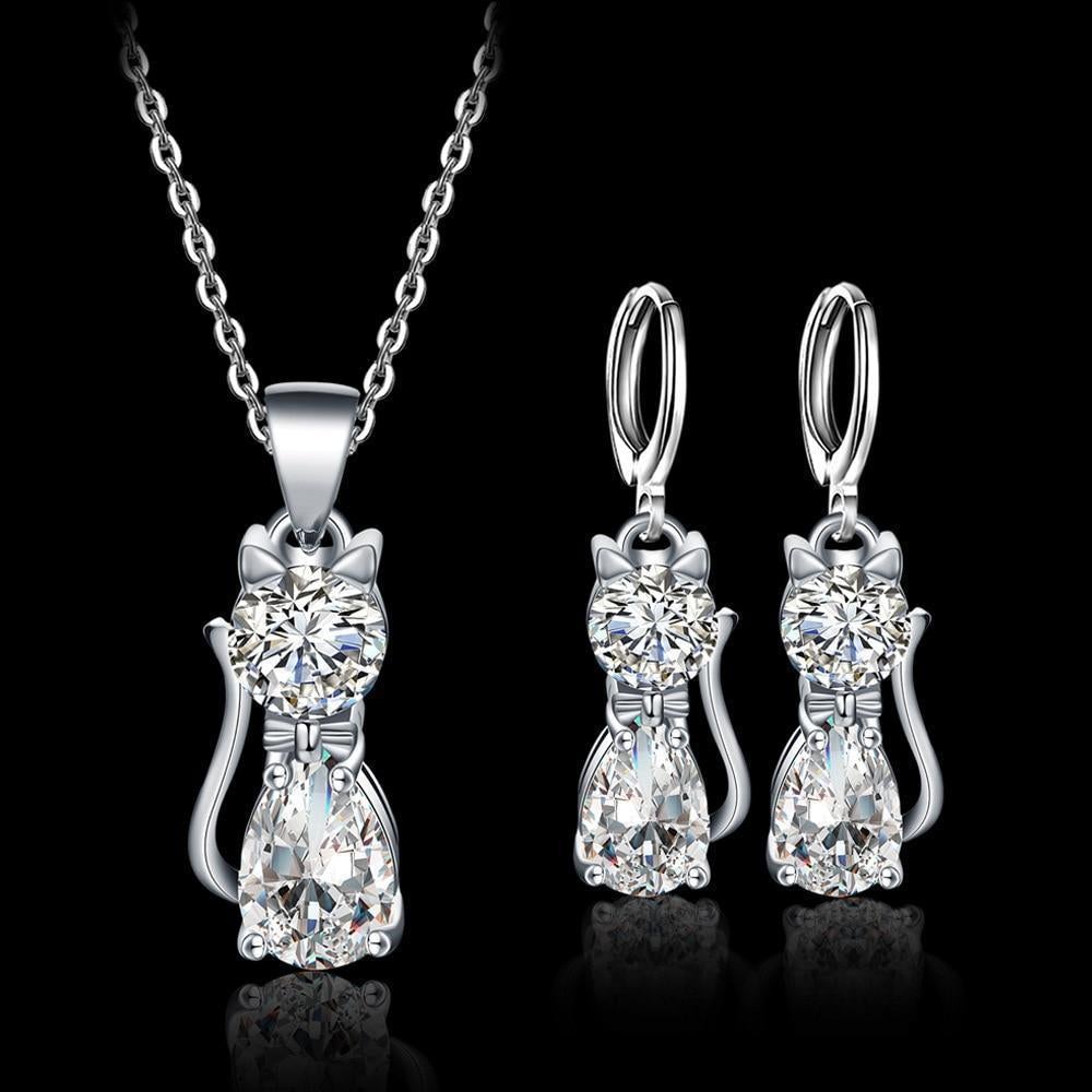 Necklace + Earrings Set Happy Cats in Sterling Silver and Polished White Zirconia
