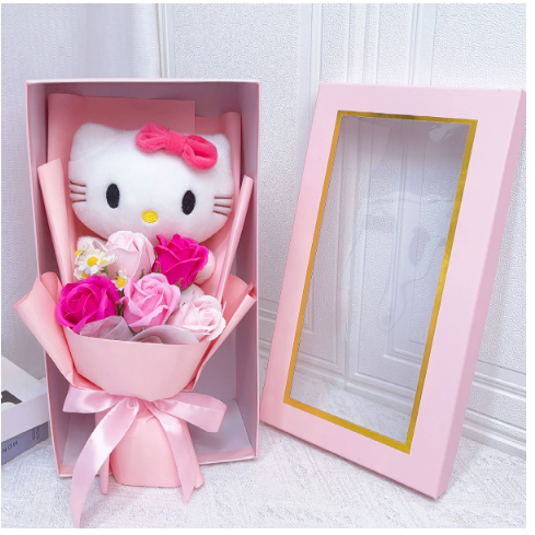Colourful Synthetic Flower Bouquet With Kitty Figurines For Gifts And Decoration