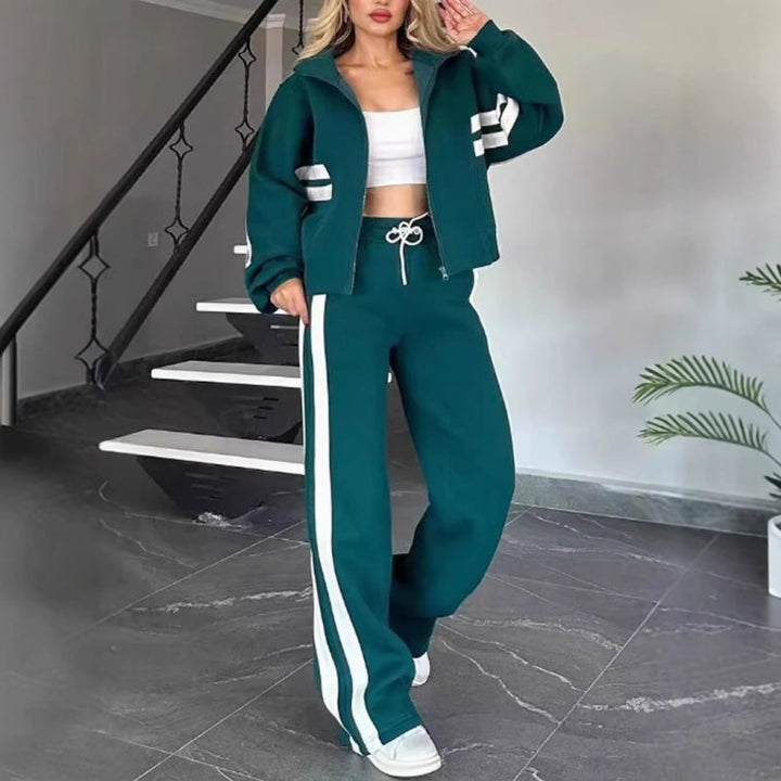 Women's leisure set with zip-up jacket and wide-leg trousers with contrast stripes