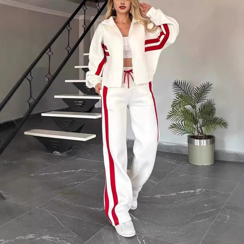 Women's leisure set with zip-up jacket and wide-leg trousers with contrast stripes