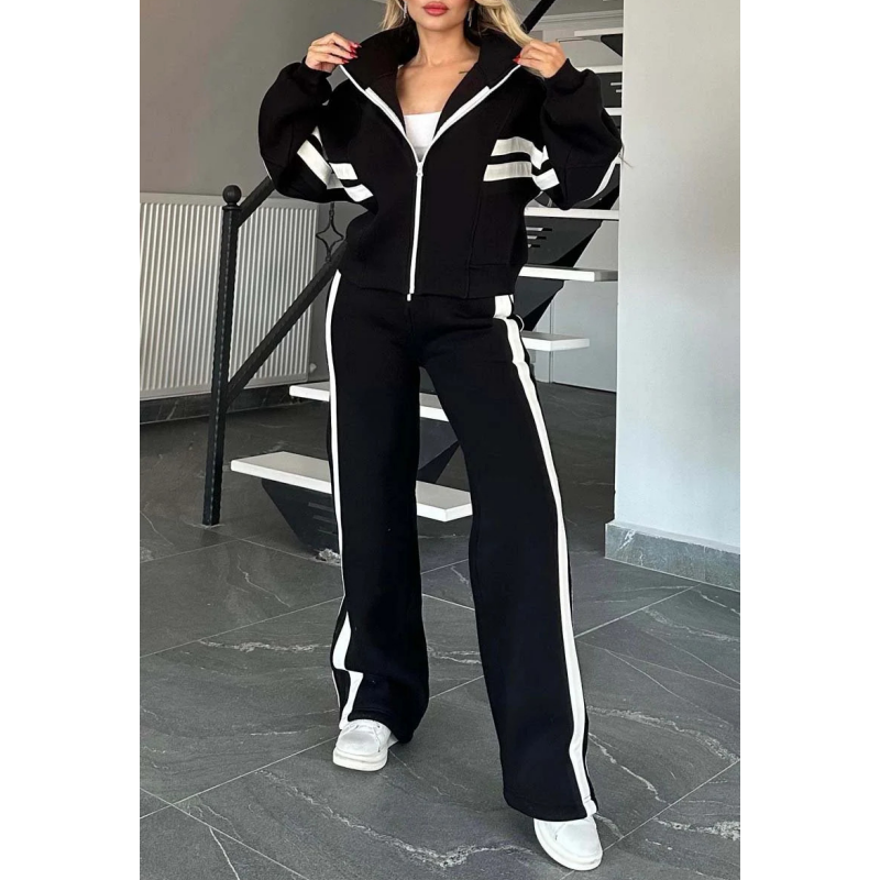 Women's leisure set with zip-up jacket and wide-leg trousers with contrast stripes