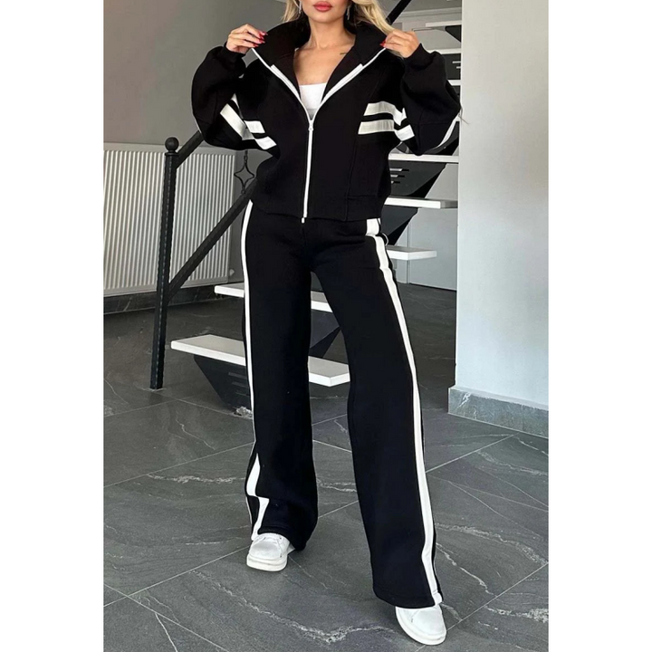 Women's leisure set with zip-up jacket and wide-leg trousers with contrast stripes