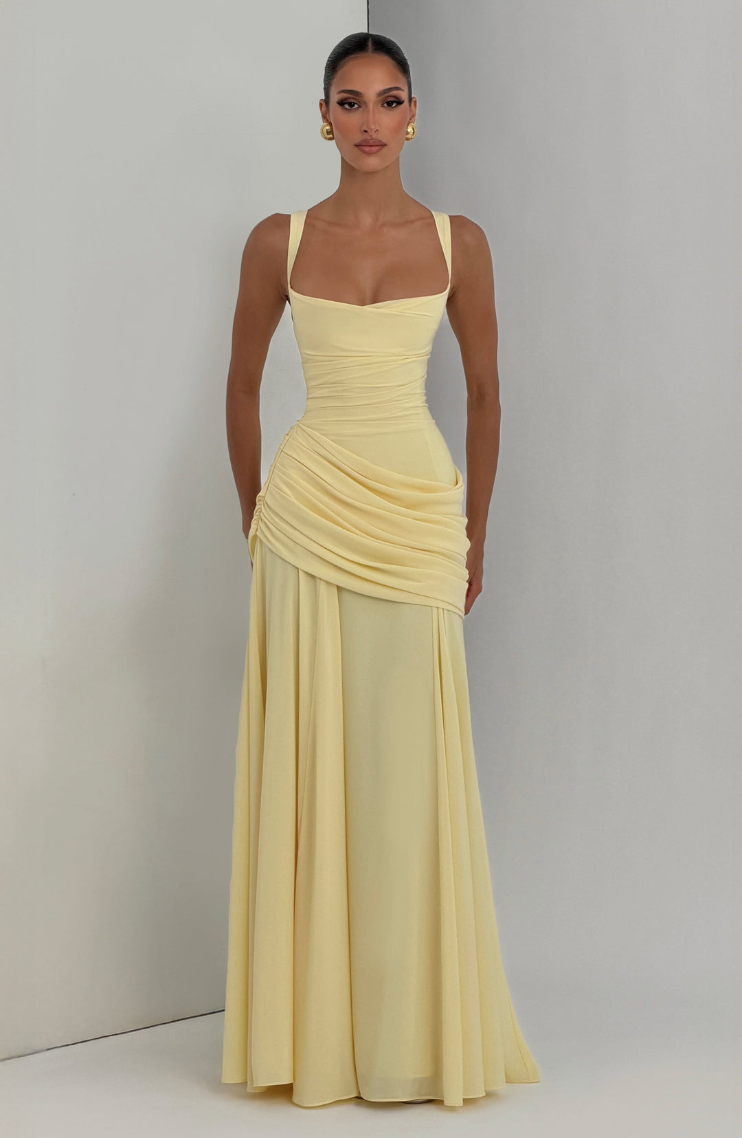 Destiny Chiffon Maxi Dress with Waterfall Neckline and Lace-Up Back