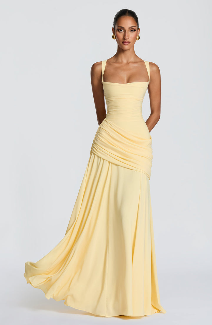 Destiny Chiffon Maxi Dress with Waterfall Neckline and Lace-Up Back