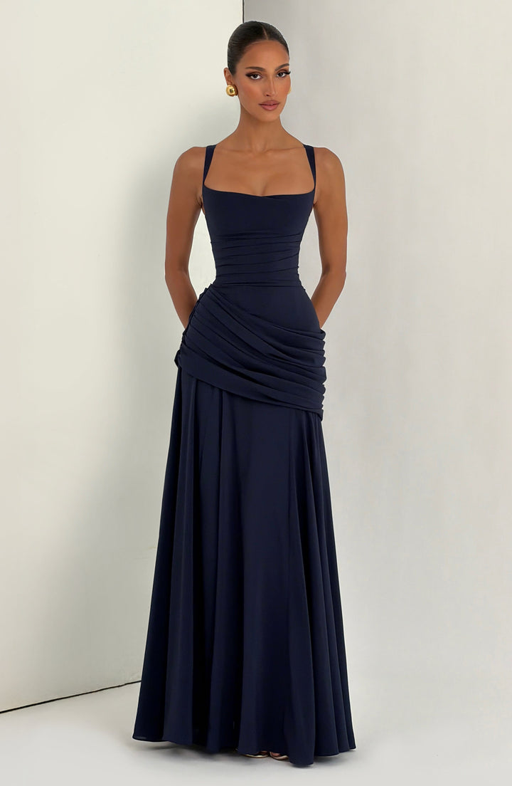 Destiny Chiffon Maxi Dress with Waterfall Neckline and Lace-Up Back