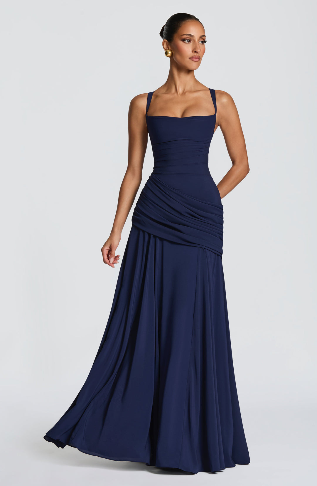 Destiny Chiffon Maxi Dress with Waterfall Neckline and Lace-Up Back